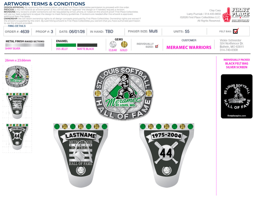 Meramec Warriors Softball Hall of Fame Ring